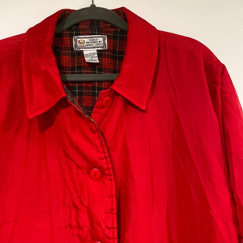 Vintage red silk and cotton jacket. Fall, winter, spring. Plaid.